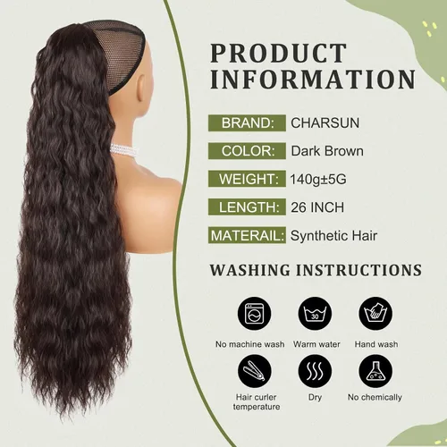 Vista 2 de Extensión de cola de caballo larga y rizada para mujeres/niñas, 26 pulgadas de alto, con cordón, extensiones de cabello con clip, extensiones
