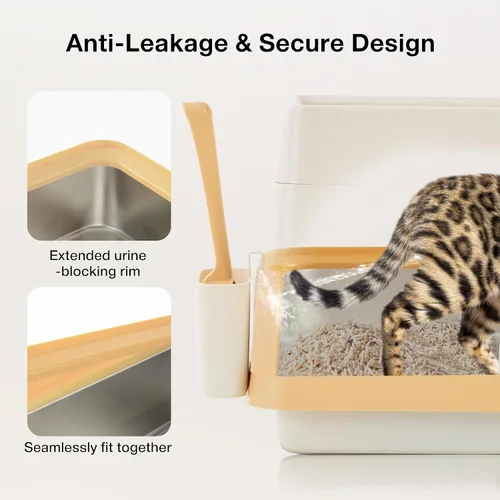 Vista 3 de ZOMISIA Caja de arena para gatos de acero inoxidable, caja de arena cubierta extra grande con tapa, cuchara, filtro de control de olores, cajas