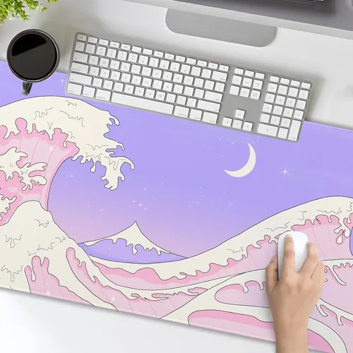 Vista 5 de Alfombrilla de mouse rosa y morada japonesa de anime Kawaii XL, linda estética de olas marinas, alfombrilla de escritorio grande extendida, base