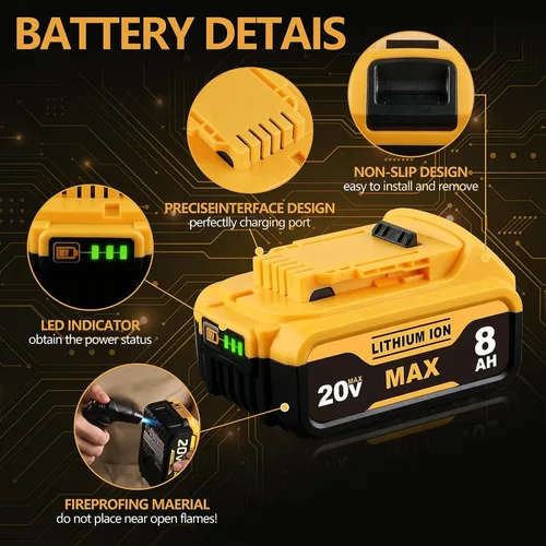 Vista 9 de 8.0Ah Compatible con la batería DeWalt 20V Max DCB200 DCB201 DCB180 DCB203 DCB204 DCB206 para herramientas eléctricas sin cable con indicador LED