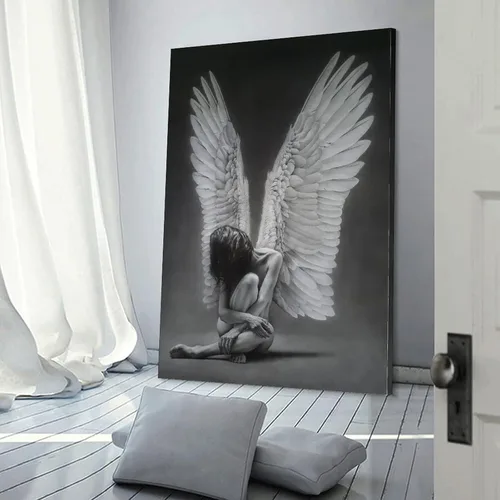 Vista 3 de Rucatto Pintura de alas de ángel en blanco y negro, arte abstracto, póster femenino en blanco y negro, pinturas de arte de pared, lienzo, decoración