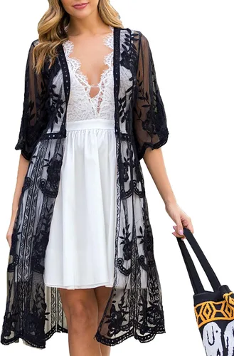 Vista 23 de Cárdigan de Encaje para Mujer de Crochet Floral Transparente Cobertor de Playa Kimono Largo Abierto