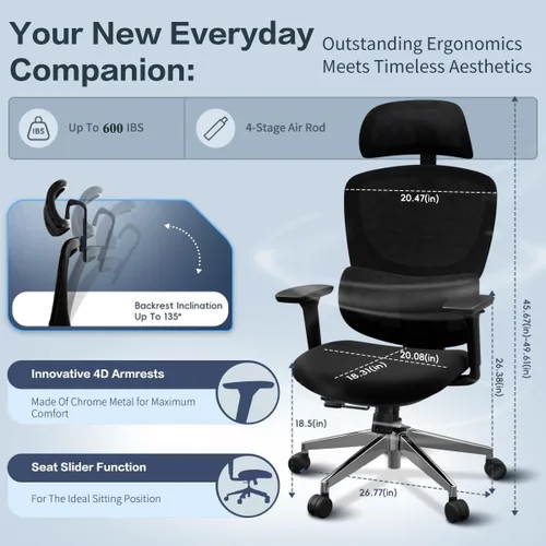 Vista 3 de Jacia House Silla ergonómica de malla negra para oficina en casa, silla de juegos grande y alta, soporte lumbar de alto ajuste, reposabrazos 4D