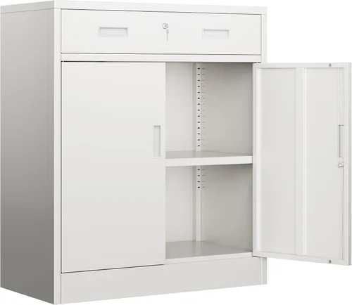Vista 23 de BESFUR Armario de almacenamiento de metal de 36 pulgadas de alto, gabinete de metal negro con 2 puertas con cerradura y 2 estantes ajustables