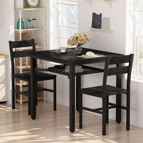 Vista 2 de Hooseng juego de mesa de comedor de 3 piezas para 2, pequeña mesa de cocina de madera con almacenamiento, juego de comedor cuadrado de estilo granja