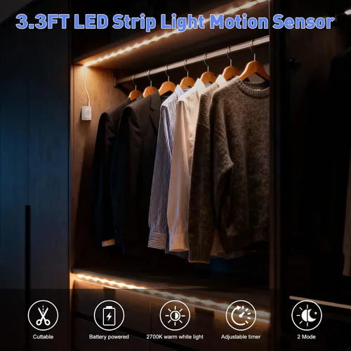Vista 3 de LUXJET - Luz recargable con sensor de movimiento para armario, tira LED flexible de 1 m con 30 luces LED, sensor PIR y de luz, luz nocturna blanca