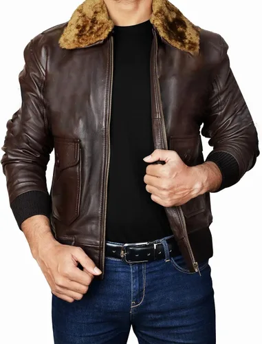 Vista 2 de III-Fashions Aviador superior USAAF piloto volador Tom Cruise múltiples parches G1 cuello de piel marrón chaqueta de cuero bombardero
