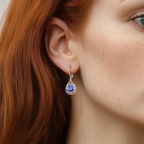 Vista 97 de Aretes colgantes de plata de ley con diseño de árbol de la vida, flor, abeja, animales, gato, colibrí, piedra lunar, turquesa, aretes con cierre