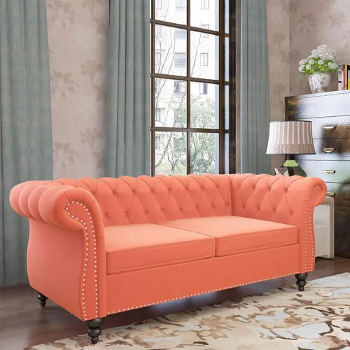 Vista 32 de QHITTY Sofá grande Accent, sofá Chesterfield de 3 plazas moderno de cuero, sofá tapizado con respaldo copetudo para muebles de sala de estar (negro)