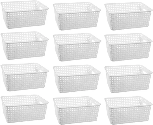 Vista 11 de Cestas de almacenamiento tejidas de plástico negro, paquete de 6 cestas de tejido organizador para cocina, oficina, baño