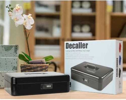 Vista 5 de Decaller Caja de dinero con cerradura de combinación, caja de seguridad de metal pequeña con bandeja de dinero, 7 4/5 x 6 4/5 x 3 3/5 pulgadas