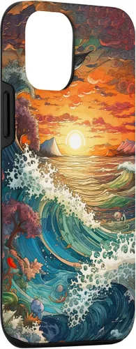 Vista 3 de iPhone 14 Sunset Ocean Wave Pintura para amantes de la playa y funda de surfista