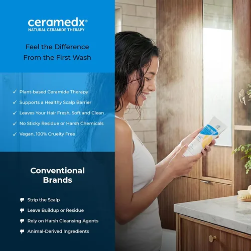 Vista 6 de Ceramedx Champú renovador para cabello y cuero cabelludo con tecnología Riceramide-3 a base de plantas, hidratación profunda para cabello seco