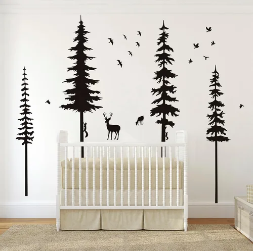Vista 7 de Calcomanías de pared de pino, calcomanías de vinilo de bosque con calcomanías de pared de animales, ardillas y ciervos, decoración de guardería Negro