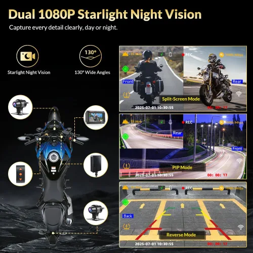 Vista 6 de VSYSTO S2 Pro - Cámara de tablero de motocicleta de doble canal, frontal y trasera, lente impermeable de 1080P 30fps, compatible con modo