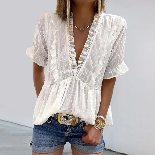Vista 3 de Blusa de manga corta con cuello en V profundo para mujer, blusa casual de verano al aire libre, blusa de algodón y elastano