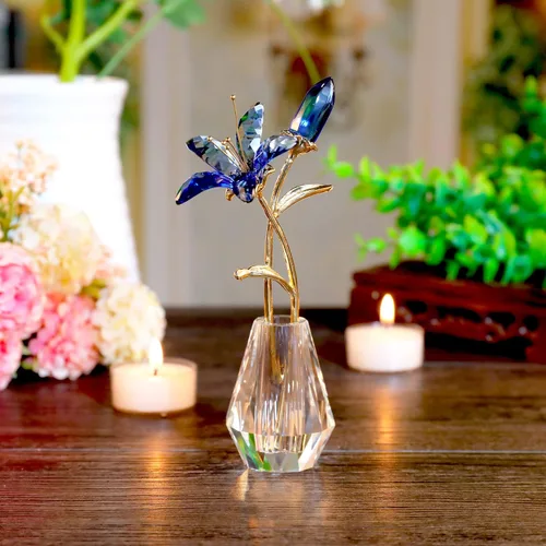 Vista 5 de Ornalrist Flores de lirio de tigre de cristal con jarrón, tallo de metal, flor de lirio azul, regalos coleccionables para mujeres, figuras florales