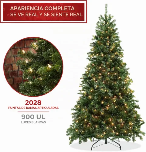 Vista 3 de Casafield - Árbol de Navidad artificial de verde pino realista con luces, de 9 pies y con soporte de metal resistente