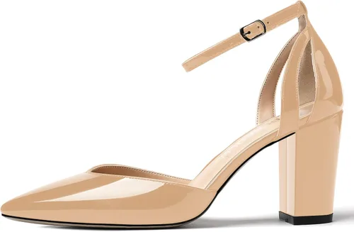 Vista 2 de MODENCOCO Zapatos de tacón alto de charol D'Orsay con correa de tobillo recortada para mujer, 3.5 pulgadas