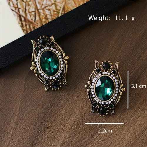 Vista 6 de Vintage Green CZ Stud Earrings for Women Antique Gold-Toned Cubic Zirconia Oval Crystal Shell Pearl Drop Studs Earring Boho Victorian Style Hollow