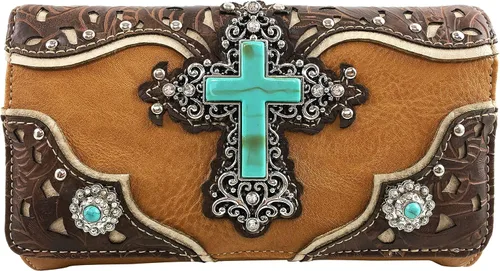 Vista 2 de Zelris turquesa Rhinestone Cruz Occidental mujeres Crossbody muñeca Trifold cartera