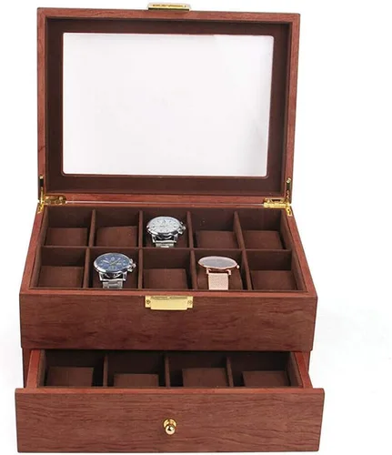 Vista 5 de Caja de reloj con 20 ranuras para reloj, 2 capas, con tapa superior de acrílico, organizador de relojes para hombres y mujeres, palo de rosa