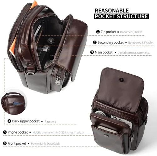 Vista 5 de Augus Bolso bandolera pequeño de cuero para hombre, bolso cruzado de hombro, bolsas de viaje para hombres, mochila con hebilla magnética