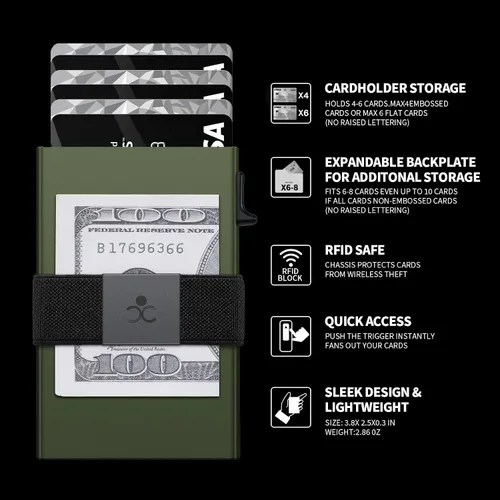 Vista 72 de Cartera delgada de aluminio para hombre, placa trasera expandible duradera, bloqueo RFID, billetera desplegable de metal minimalista, con capacidad