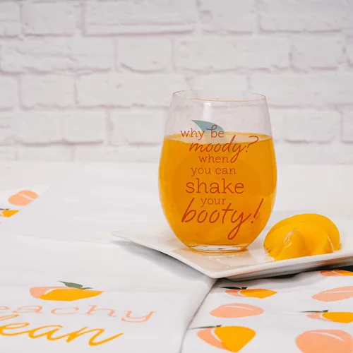 Vista 8 de Pavilion Gift Company Why Be Moody When You Can Shake Your Booty Booty, copa de vino sin tallo con patrón de durazno, 18 onzas, naranja