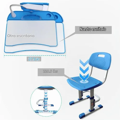 Vista 2 de LVYUAN Juego de escritorio y silla para niños, altura ajustable, lámpara Azul
