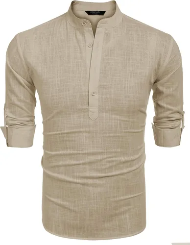Vista 7 de COOFANDY - Camisa de lino y algodón con cuello Henley, de manga larga, estilo hippie, informal, camisetas de playa
