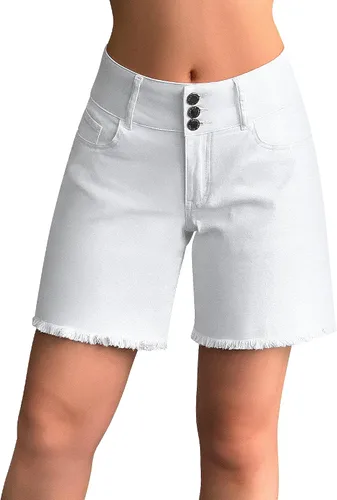 Vista 2 de roswear Pantalones cortos de mezclilla de cintura alta para mujer, estilo casual, dobladillo deshilachado, pantalones cortos largos, holgados