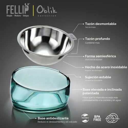 Vista 2 de Felli Oblik - Comederos elevados de acero inoxidable para perros pequeños de patas cortas, tazón de comida y agua, recipiente removible apto