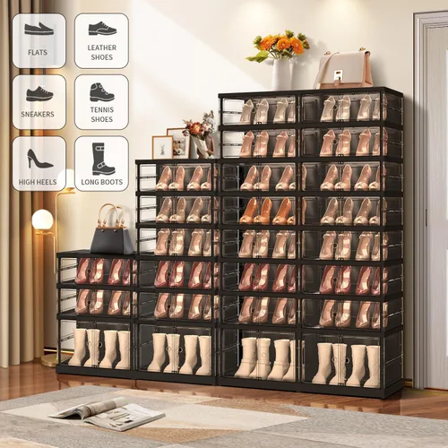 Vista 6 de EHAMILY - Organizador y almacenamiento de zapatos de 3 niveles, 6-12 pares, plegable, para armario, cajas de zapatos apilables de plástico