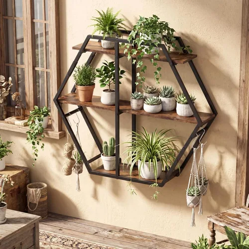Vista 5 de Tangkula Hexagon Wall Shelf, 3-Tier Geometric Bookcase with 4 S-Shaped Hooks & Heavy Duty Metal Frame, Wall Mounted Industrial Display Storage Rack