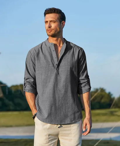 Vista 4 de COOFANDY - Camisa de lino y algodón con cuello Henley, de manga larga, estilo hippie, informal, camisetas de playa
