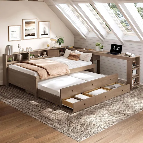 Vista 12 de Harper & Bright Designs Sofá cama de tamaño individual con cajones, sofá cama de madera para dormitorio, sala de estar, plataforma de madera
