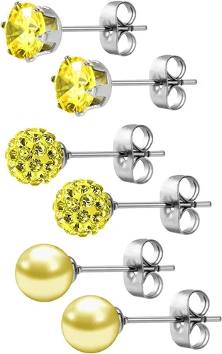 Vista 2 de JewelrieShop - Juego de aretes de tuerca de acero inoxidable con circonitas cúbicas y perlas de imitación, 3 pares de 0.236 in