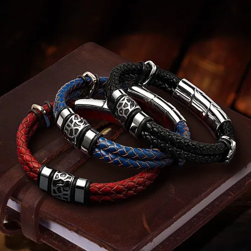 Vista 4 de Touyony Pulseras de cuero prémium para hombres, pulseras de cuero trenzado de doble fila de acero inoxidable, eslabones adicionales, joyería