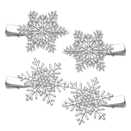Vista 7 de PHALIN Pinzas para el cabello de Navidad para mujer, corona de copos de nieve, campanas de reno, horquillas para el pelo con diamantes de imitación