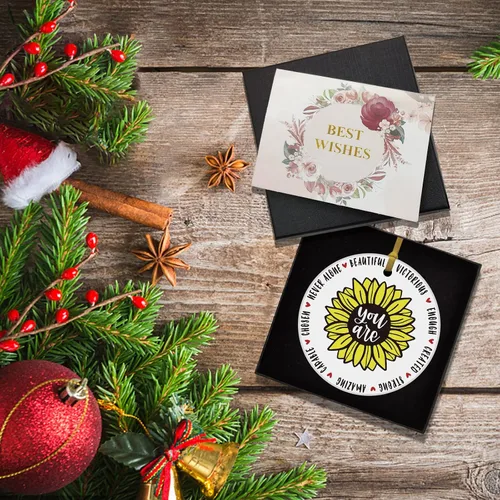Vista 5 de REWIDPARTY Adorno inspirador de girasol, placa redonda de recuerdo para amigos, regalos de agradecimiento de cumpleaños, círculo de cerámica de 3 J