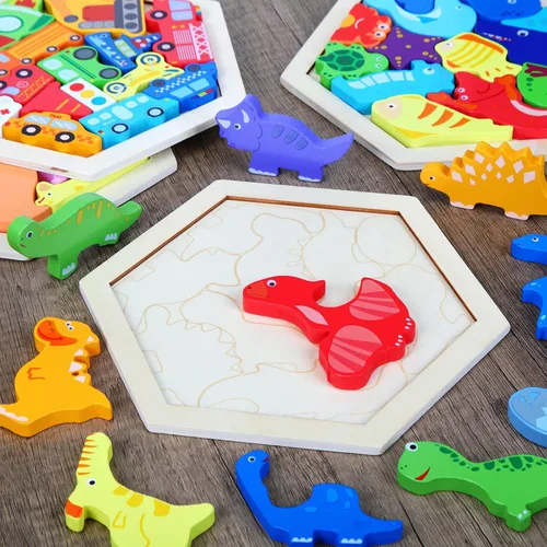 Vista 4 de Paquete de 5 rompecabezas de madera Tangram para niños, rompecabezas hexagonal de madera, bloques de rompecabezas con formas geométricas