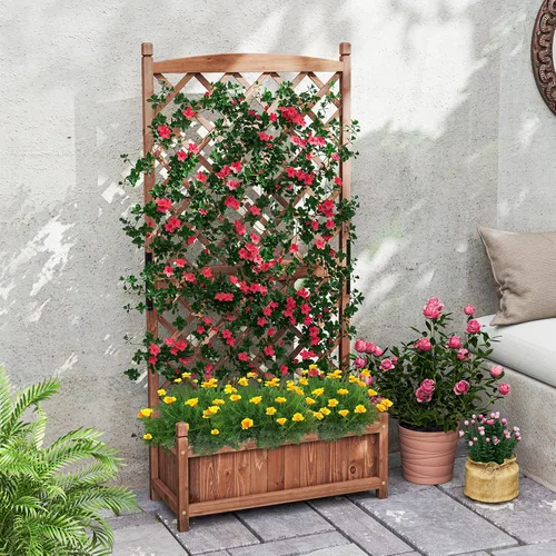 Vista 2 de Giantex Cama de jardín elevada con enrejado, contenedor de madera de 60 pulgadas con agujeros de drenaje, enrejado alto para colgar macetas