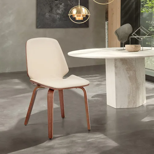 Vista 2 de Armen Living Brinley Mid Century - Silla auxiliar moderna de piel sintética color crema y madera de nogal para comedor, mesa de cocina, escritorio