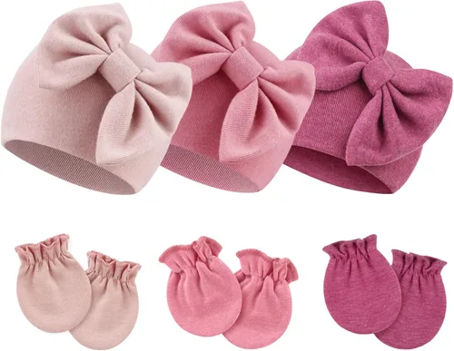 Vista 8 de BQUBO Gorros para Niñas Recién Nacidas Conjunto de Gorro y Manoplas para Bebé Gorros para Infantes con Moño Gorro de Hospital con Manoplas