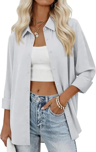 Vista 6 de siliteelon Camisas con botones para mujer, camisas de vestir sólidas, de manga larga, cuello fluido, para trabajo, oficina, negocios, blusas de gasa