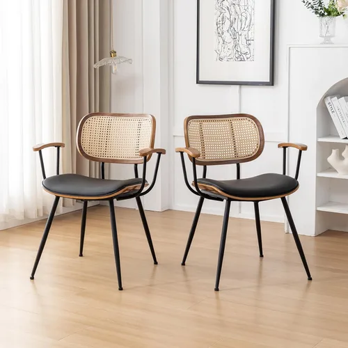 Vista 5 de Juego de 2 sillas de comedor de ratán, sillas auxiliares de cocina modernas de mediados de siglo, sillas de escritorio con patas de metal, sillas