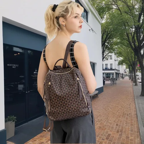 Vista 2 de Mochila Monedero para Mujer de Cuero Anti-robo Grande de Diseñador de Moda Mochila de Viaje Bolsa Mochila para Hombre Bolsas de Hombro, A-Marrón