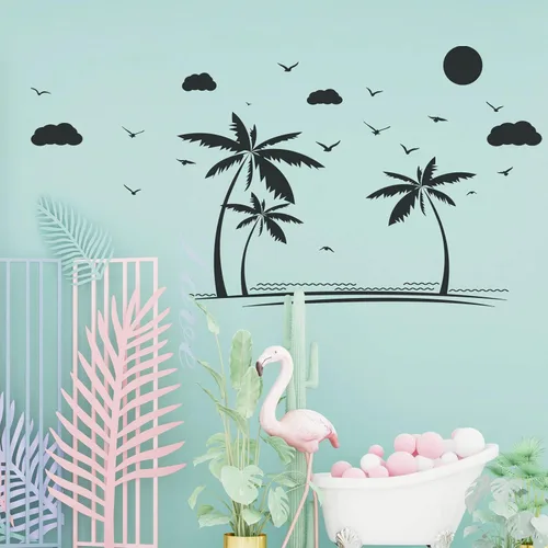 Vista 2 de PLIGREAT Calcomanías de pared de playa, calcomanías de pared de gaviotas de cocoteros, calcomanías artísticas para despegar y pegar para decoración