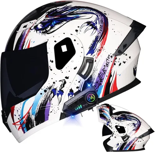 Vista 20 de Casco modular Bluetooth para motocicleta, aprobado por DOT, de cara completa, abatible, antivaho, doble visera, casco de motocicleta de calle, LENTE